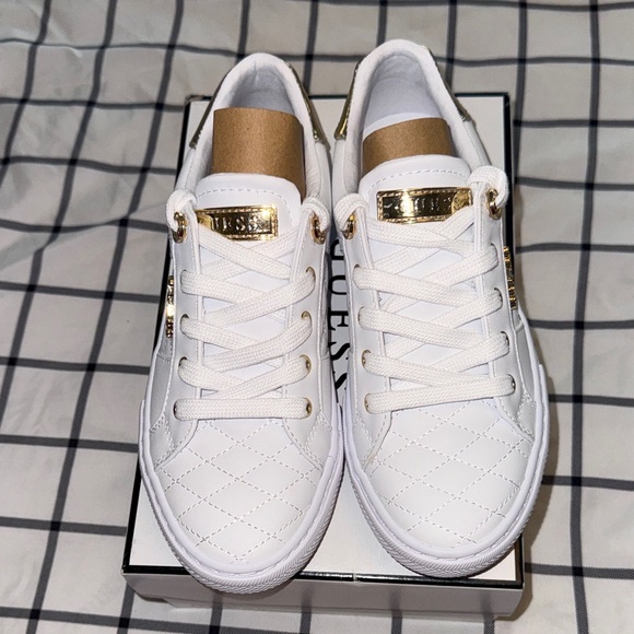Guess Shoes - Guess Women's White and Gold Quilted Sneakers